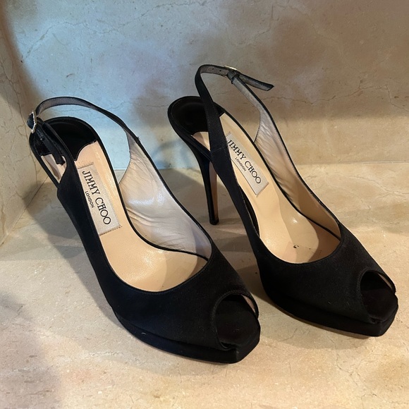 Jimmy Choo Black Satin Peep Toe Platform Slingback Heel - Picture 4 of 7